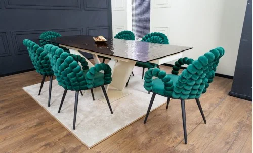 Set Masă Living Extensibilă CT242 Blat Sticlă Securizată cu 6 Scaune KJC376 Verzi