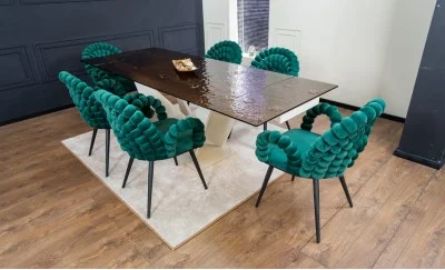 Set Masă Living Extensibilă CT242 Blat Sticlă Securizată cu 6 Scaune KJC376 Verzi