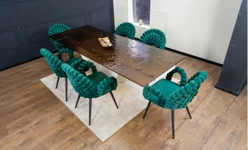 Set Masă Living Extensibilă CT242 Blat Sticlă Securizată cu 6 Scaune KJC376 Verzi