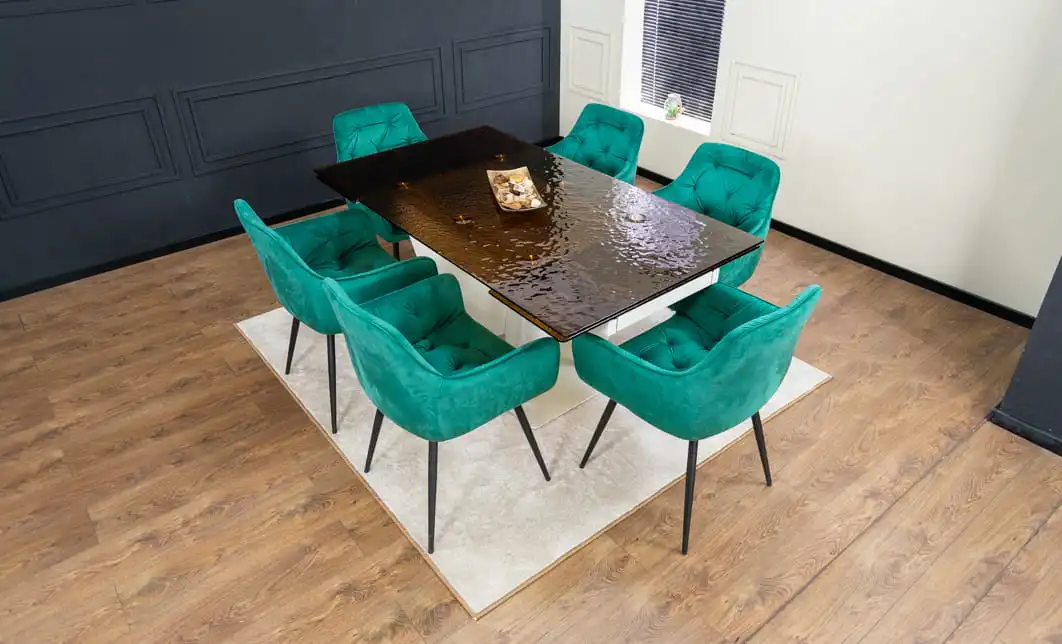 Set Masă Living Extensibilă CT242 Blat Sticlă Securizată cu 6 Scaune KJC38 Verzi 3