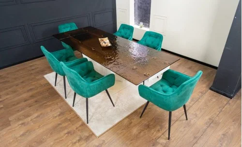 Set Masă Living Extensibilă CT242 Blat Sticlă Securizată cu 6 Scaune KJC38 Verzi