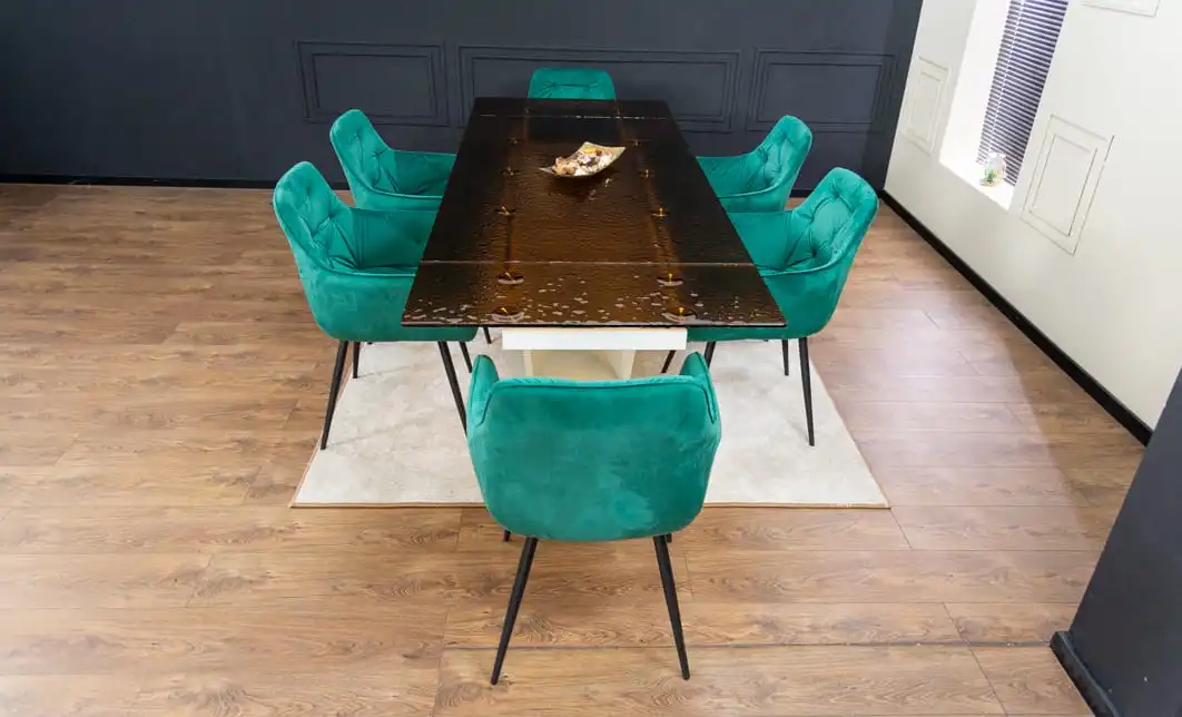 Set Masă Living Extensibilă CT242 Blat Sticlă Securizată cu 6 Scaune KJC38 Verzi 7
