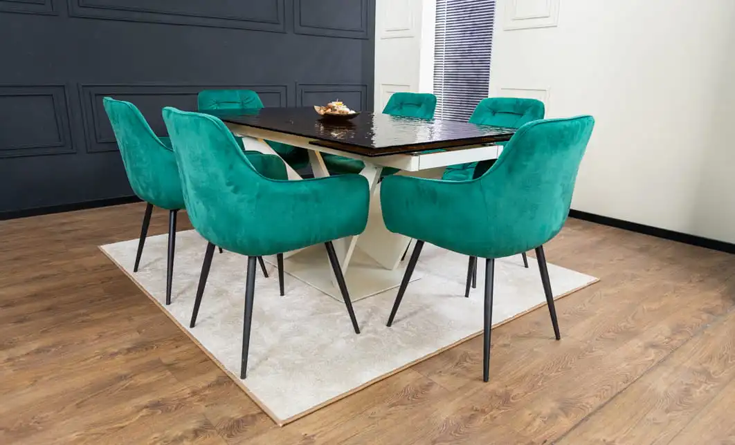 Set Masă Living Extensibilă CT242 Blat Sticlă Securizată cu 6 Scaune KJC38 Verzi 5