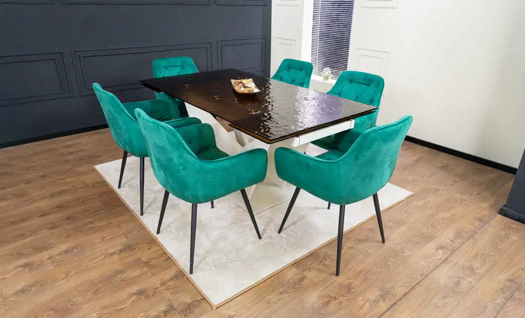 Set Masă Living Extensibilă CT242 Blat Sticlă Securizată cu 6 Scaune KJC38 Verzi 1