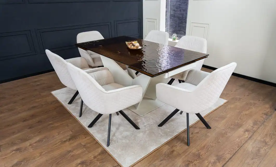 Set Masă Living Extensibilă CT242 Blat Sticlă Securizată cu 6 Scaune KJC3846 Bej 4