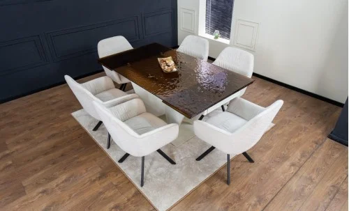 Set Masă Living Extensibilă CT242 Blat Sticlă Securizată cu 6 Scaune KJC3846 Bej