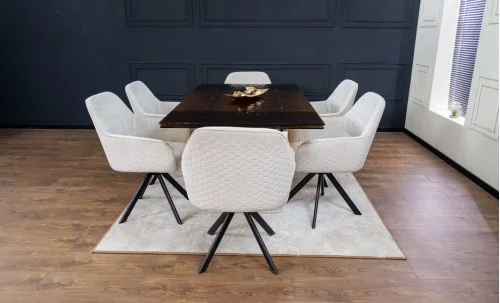 Set Masă Living Extensibilă CT242 Blat Sticlă Securizată cu 6 Scaune KJC3846 Bej