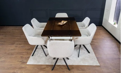 Set Masă Living Extensibilă CT242 Blat Sticlă Securizată cu 6 Scaune KJC3846 Bej