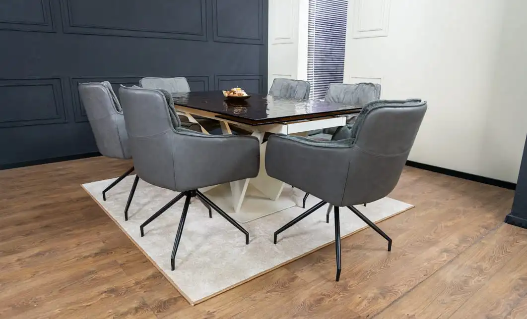 Set Masă Living Extensibilă CT242 Blat Sticlă Securizată cu 6 Scaune KJC389 Gri 2