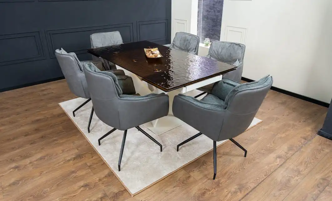 Set Masă Living Extensibilă CT242 Blat Sticlă Securizată cu 6 Scaune KJC389 Gri 1
