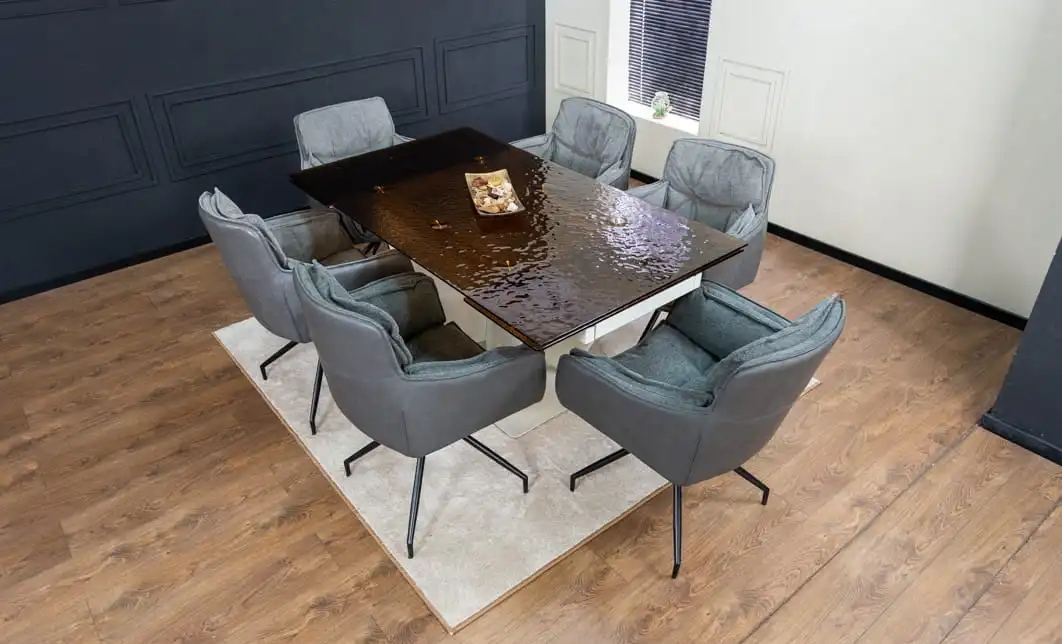 Set Masă Living Extensibilă CT242 Blat Sticlă Securizată cu 6 Scaune KJC389 Gri 3