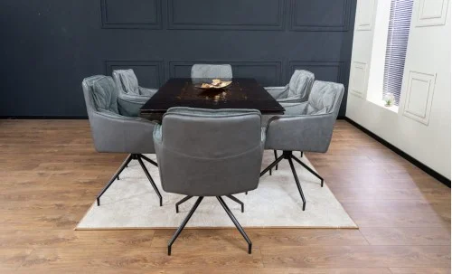 Set Masă Living Extensibilă CT242 Blat Sticlă Securizată cu 6 Scaune KJC389 Gri