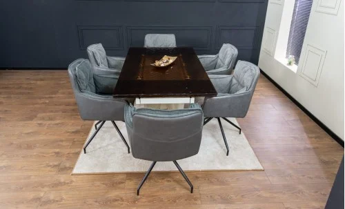 Set Masă Living Extensibilă CT242 Blat Sticlă Securizată cu 6 Scaune KJC389 Gri