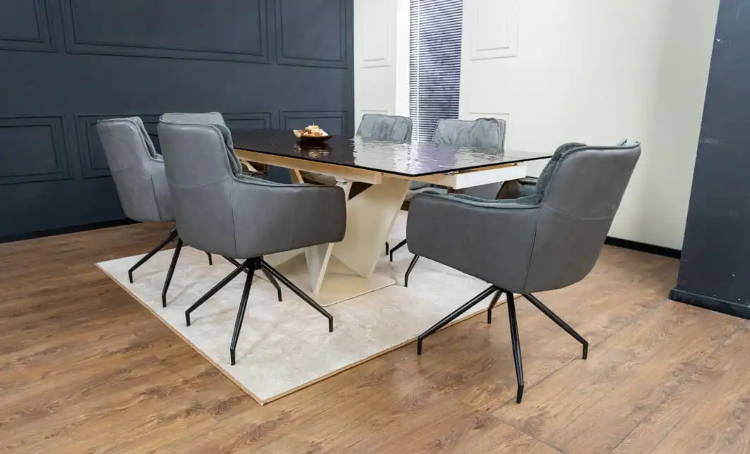 Set Masă Living Extensibilă CT242 Blat Sticlă Securizată cu 6 Scaune KJC389 Gri 5