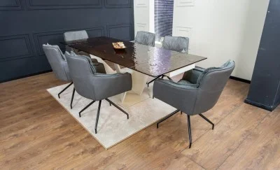 Set Masă Living Extensibilă CT242 Blat Sticlă Securizată cu 6 Scaune KJC389 Gri