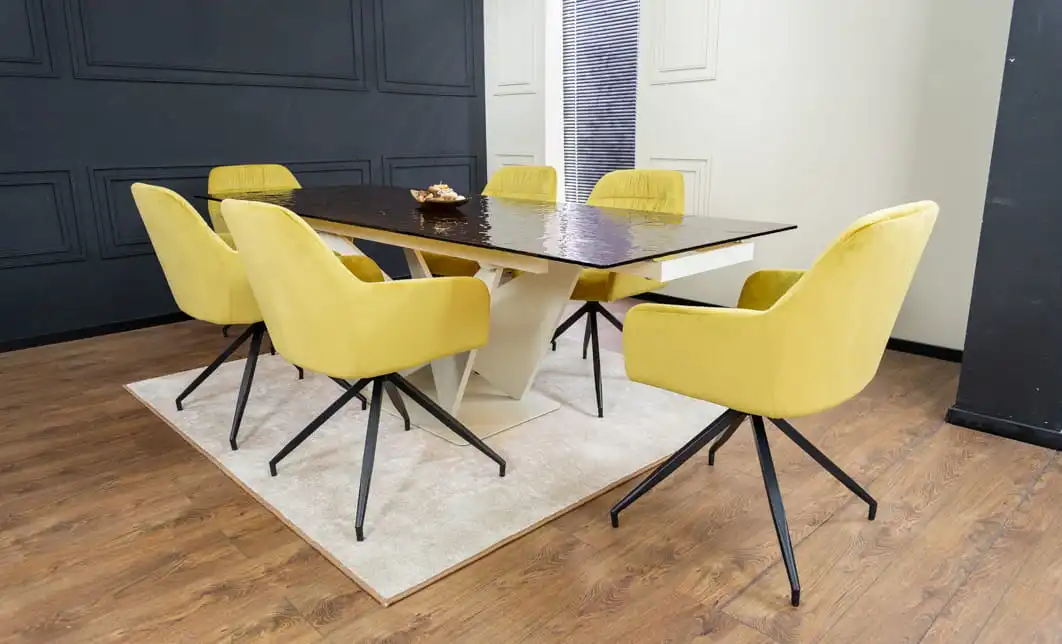 Set Masă Living Extensibilă CT242 Blat Sticlă Securizată cu 6 Scaune KJC4345 Muștar 2