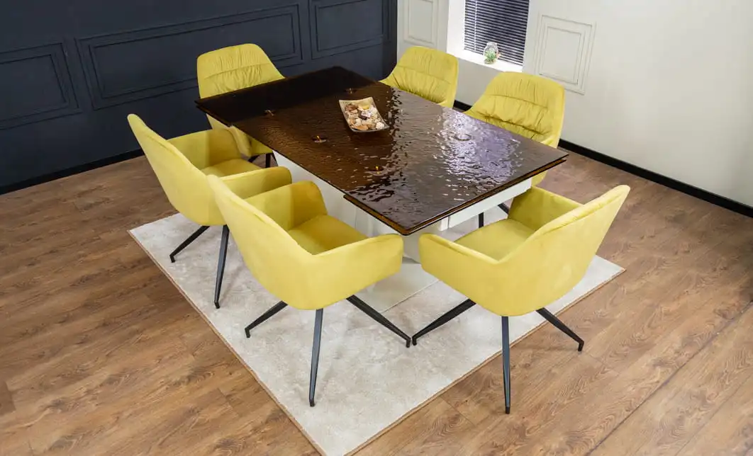 Set Masă Living Extensibilă CT242 Blat Sticlă Securizată cu 6 Scaune KJC4345 Muștar 3