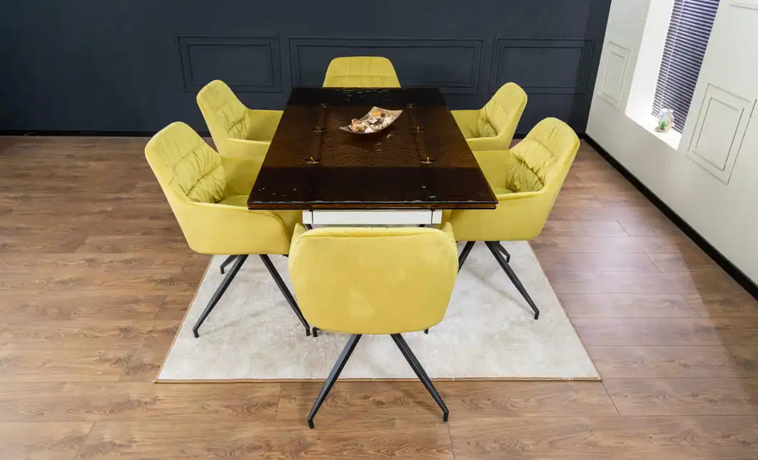 Set Masă Living Extensibilă CT242 Blat Sticlă Securizată cu 6 Scaune KJC4345 Muștar 9