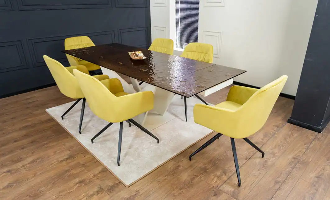 Set Masă Living Extensibilă CT242 Blat Sticlă Securizată cu 6 Scaune KJC4345 Muștar 1