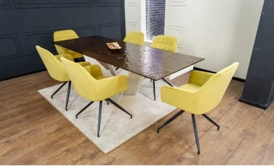 Set Masă Living Extensibilă CT242 Blat Sticlă Securizată cu 6 Scaune KJC4345 Muștar