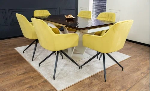 Set Masă Living Extensibilă CT242 Blat Sticlă Securizată cu 6 Scaune KJC4345 Muștar