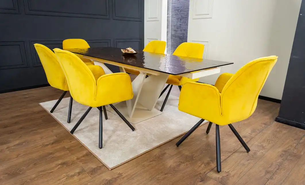 Set Masă Living Extensibilă CT242 Blat Sticlă Securizată cu 6 Scaune KJC80 Galbene 4