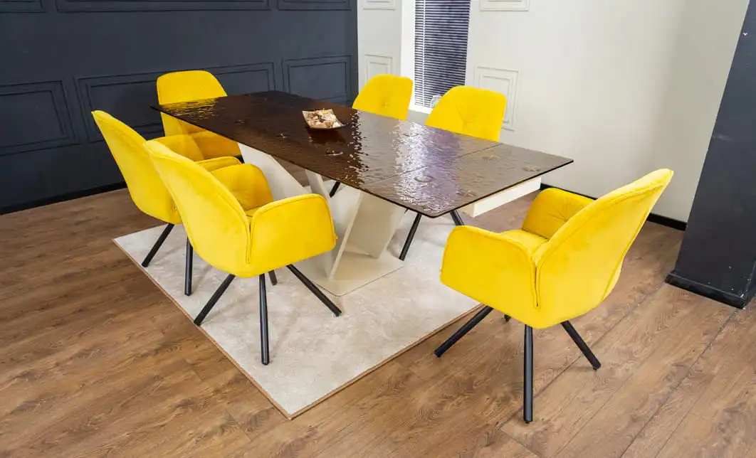 Set Masă Living Extensibilă CT242 Blat Sticlă Securizată cu 6 Scaune KJC80 Galbene 1