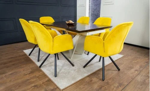 Set Masă Living Extensibilă CT242 Blat Sticlă Securizată cu 6 Scaune KJC80 Galbene