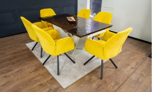 Set Masă Living Extensibilă CT242 Blat Sticlă Securizată cu 6 Scaune KJC80 Galbene