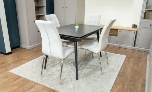 Set Masă Living Extensibilă DTM0101 Blat Ceramic Gri cu 4 Scaune Tapițate F630 Bej