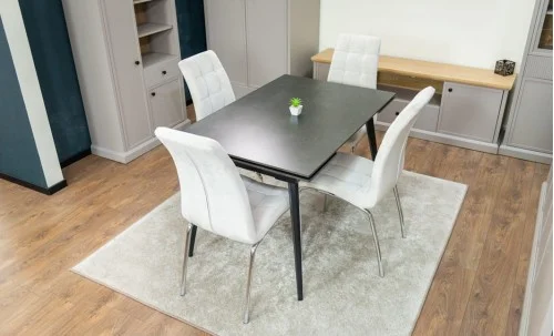 Set Masă Living Extensibilă DTM0101 Blat Ceramic Gri cu 4 Scaune Tapițate F630 Bej