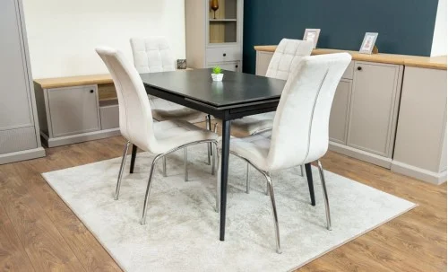 Set Masă Living Extensibilă DTM0101 Blat Ceramic Gri cu 4 Scaune Tapițate F630 Bej