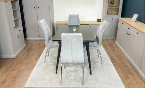 Set Masă Living Extensibilă DTM0101 Blat Ceramic Gri cu 4 Scaune Tapițate F630 Gri