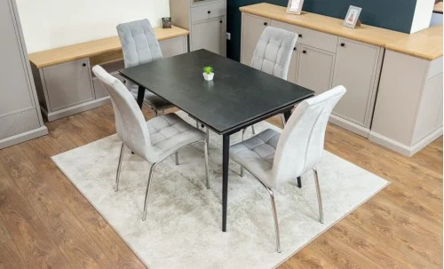 Set Masă Living Extensibilă DTM0101 Blat Ceramic Gri cu 4 Scaune Tapițate F630 Gri