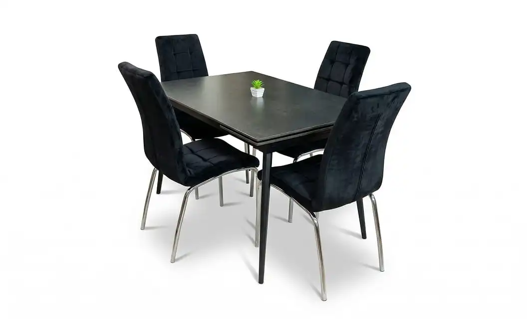 Set Masă Living Extensibilă DTM0101 Blat Ceramic Gri cu 4 Scaune Tapițate F630 Negre 1