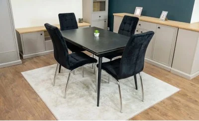 Set Masă Living Extensibilă DTM0101 Blat Ceramic Gri cu 4 Scaune Tapițate F630 Negre