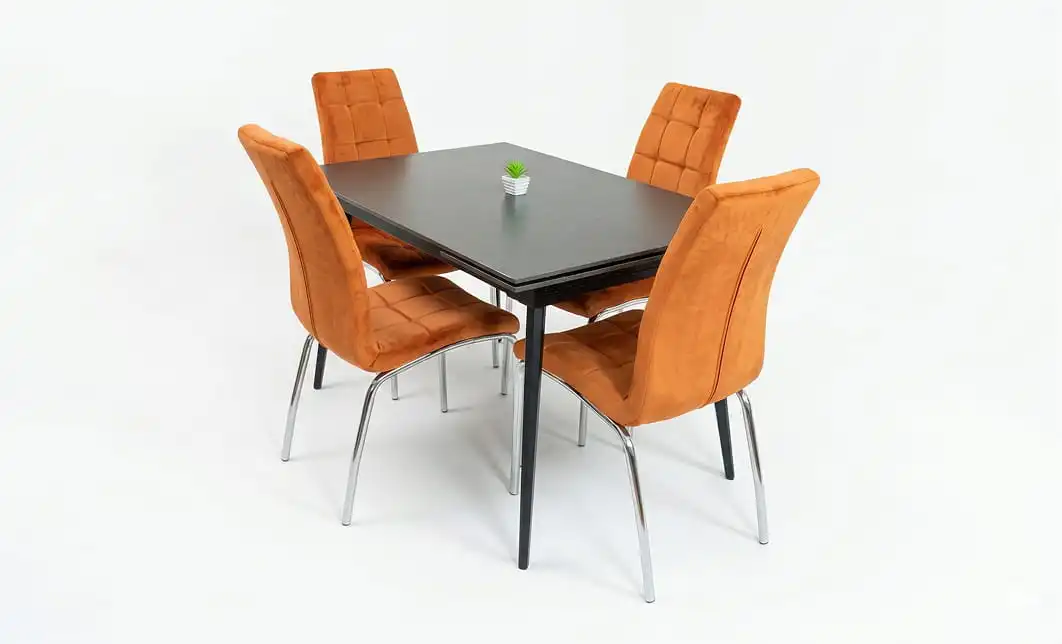 Set Masă Living Extensibilă DTM0101 Blat Ceramic Gri cu 4 Scaune Tapițate F630 Portocalii 1