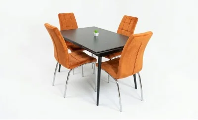 Set Masă Living Extensibilă DTM0101 Blat Ceramic Gri cu 4 Scaune Tapițate F630 Portocalii
