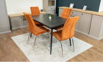 Set Masă Living Extensibilă DTM0101 Blat Ceramic Gri cu 4 Scaune Tapițate F630 Portocalii