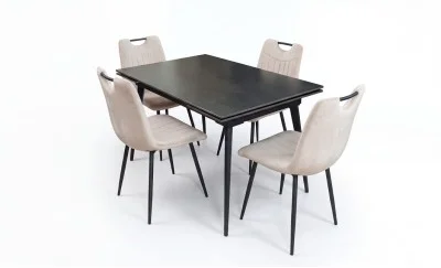 Set Masă Living Extensibilă DTM0101 Blat Ceramic Gri cu 4 Scaune Tapițate KJC0358 Bej