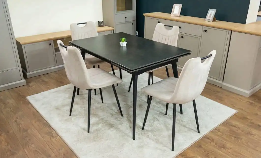 Set Masă Living Extensibilă DTM0101 Blat Ceramic Gri cu 4 Scaune Tapițate KJC0358 Bej