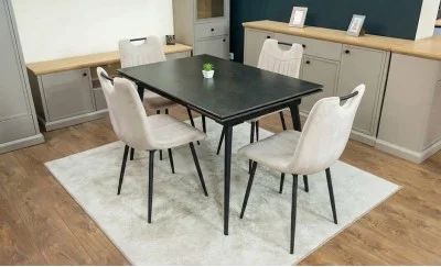 Set Masă Living Extensibilă DTM0101 Blat Ceramic Gri cu 4 Scaune Tapițate KJC0358 Bej