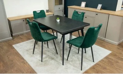 Set Masă Living Extensibilă DTM0101 Blat Ceramic Gri cu 4 Scaune Tapițate KJC0358 Verzi