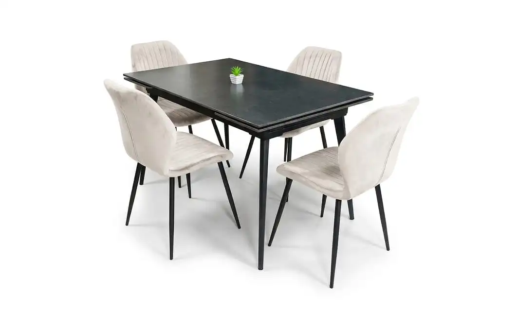 Set Masă Living Extensibilă DTM0101 Blat Ceramic Gri cu 4 Scaune Tapițate KJC104 Bej 1