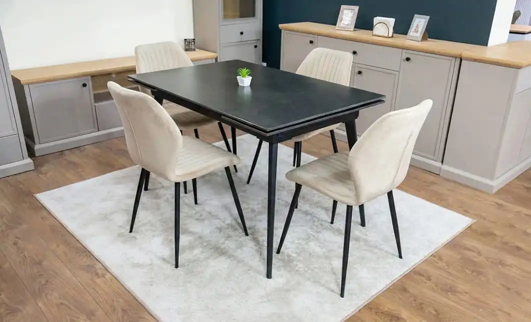 Set Masă Living Extensibilă DTM0101 Blat Ceramic Gri cu 4 Scaune Tapițate KJC104 Bej