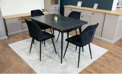 Set Masă Living Extensibilă DTM0101 Blat Ceramic Gri cu 4 Scaune Tapițate KJC104 Negre