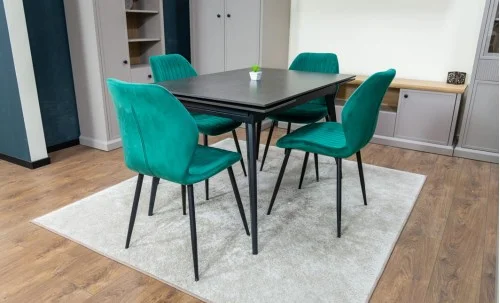 Set Masă Living Extensibilă DTM0101 Blat Ceramic Gri cu 4 Scaune Tapițate KJC104 Verzi