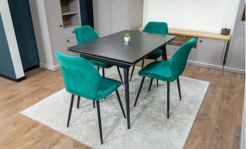 Set Masă Living Extensibilă DTM0101 Blat Ceramic Gri cu 4 Scaune Tapițate KJC104 Verzi