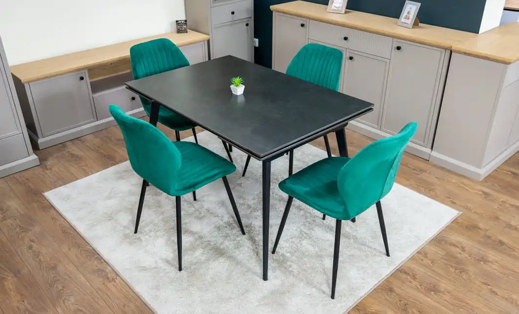 Set Masă Living Extensibilă DTM0101 Blat Ceramic Gri cu 4 Scaune Tapițate KJC104 Verzi 2