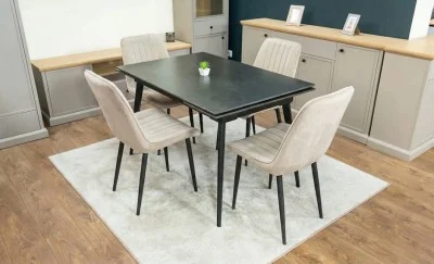 Set Masă Living Extensibilă DTM0101 Blat Ceramic Gri cu 4 Scaune Tapițate KJC176 Bej